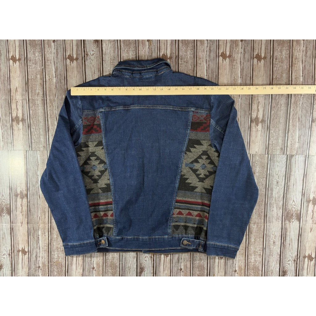Wrangler Aztec Panels Pleated Denim Jacket Sz L Color Blue Multi Vintage